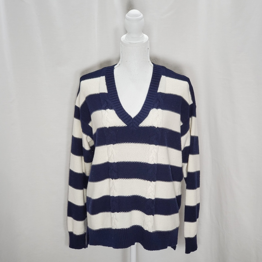 CHAPS Navy & White Striped V Neck Sweater Size L
